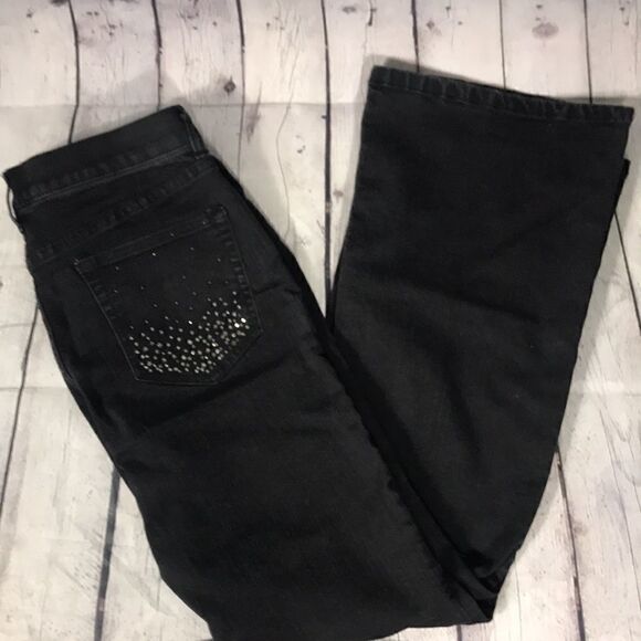 Ny&C Low-rise flare Black denim with rhinestones on the back pockets Stretcy EUC - Picture 5 of 5